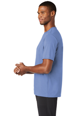 Sample of Port & Company Essential Performance Tee in Carolina Blue from side sleeveright