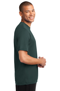 Sample of Port & Company Essential Performance Tee in Dark Green from side sleeveleft