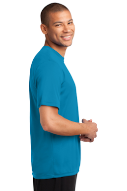 Sample of Port & Company Essential Performance Tee in Neon Blue from side sleeveleft