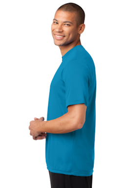Sample of Port & Company Essential Performance Tee in Neon Blue from side sleeveright