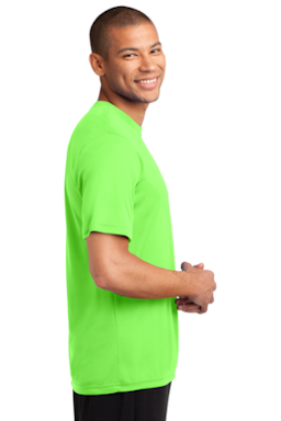 Sample of Port & Company Essential Performance Tee in Neon Green from side sleeveleft