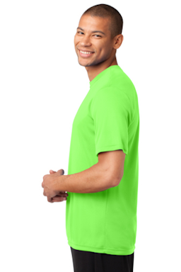 Sample of Port & Company Essential Performance Tee in Neon Green from side sleeveright