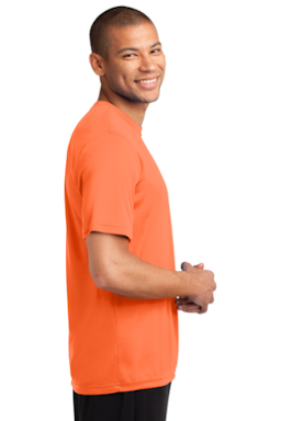 Sample of Port & Company Essential Performance Tee in Neon Orange from side sleeveleft