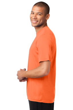 Sample of Port & Company Essential Performance Tee in Neon Orange from side sleeveright