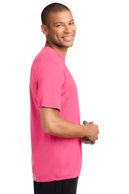 Sample of Port & Company Essential Performance Tee in Neon Pink from side sleeveleft