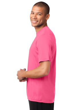 Sample of Port & Company Essential Performance Tee in Neon Pink from side sleeveright