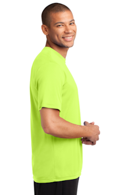 Sample of Port & Company Essential Performance Tee in Neon Yellow from side sleeveleft
