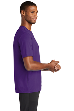 Sample of Port & Company Essential Performance Tee in Team Purple from side sleeveleft