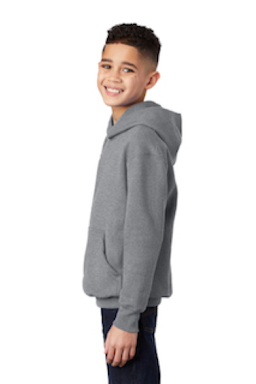 Sample of Port & Company Youth Pullover Hooded Sweatshirt in Ath. Heather from side sleeveleft
