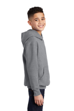 Sample of Port & Company Youth Pullover Hooded Sweatshirt in Ath. Heather from side sleeveright