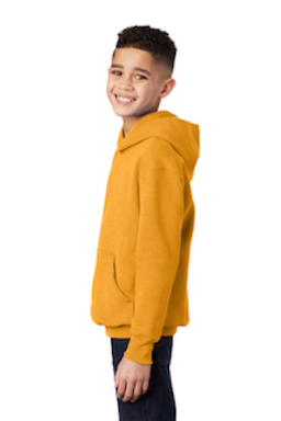 Sample of Port & Company Youth Pullover Hooded Sweatshirt in Gold from side sleeveleft