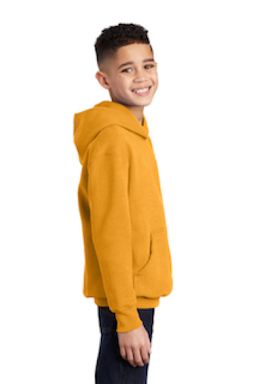 Sample of Port & Company Youth Pullover Hooded Sweatshirt in Gold from side sleeveright