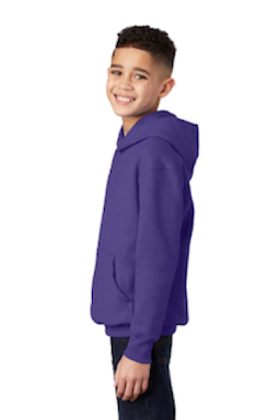 Sample of Port & Company Youth Pullover Hooded Sweatshirt in Purple from side sleeveleft
