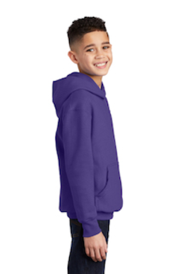 Sample of Port & Company Youth Pullover Hooded Sweatshirt in Purple from side sleeveright