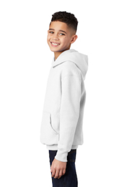 Sample of Port & Company Youth Pullover Hooded Sweatshirt in White from side sleeveleft