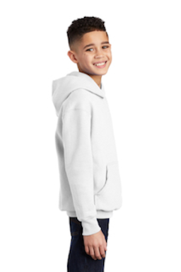Sample of Port & Company Youth Pullover Hooded Sweatshirt in White from side sleeveright