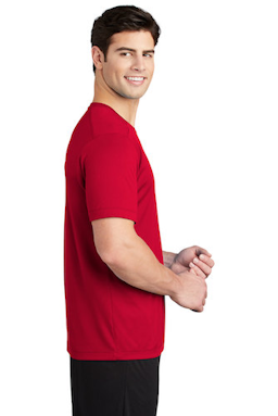 Sample of Sport-Tek ® Posi-UV ™ Pro Tee in True Red from side sleeveleft