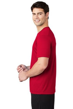 Sample of Sport-Tek ® Posi-UV ™ Pro Tee in True Red from side sleeveright