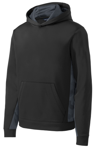 Sample of Sport-Tek Youth Sport-Wick CamoHex Fleece Colorblock Hooded Pullover in Bk Dark Sm Gry style