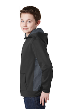 Sample of Sport-Tek Youth Sport-Wick CamoHex Fleece Colorblock Hooded Pullover in Bk Dark Sm Gry from side sleeveleft