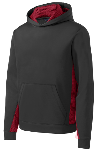 Sample of Sport-Tek Youth Sport-Wick CamoHex Fleece Colorblock Hooded Pullover in Bk Deep Red style