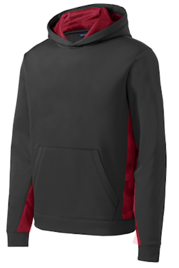 Sample of Sport-Tek Youth Sport-Wick CamoHex Fleece Colorblock Hooded Pullover in Bk Deep Red from side front