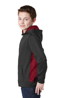 Sample of Sport-Tek Youth Sport-Wick CamoHex Fleece Colorblock Hooded Pullover in Bk Deep Red from side sleeveleft