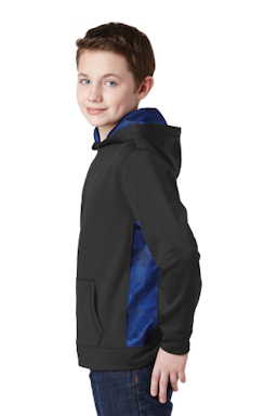 Sample of Sport-Tek Youth Sport-Wick CamoHex Fleece Colorblock Hooded Pullover in Bk True Royal from side sleeveleft
