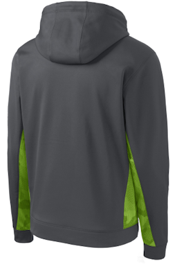Sample of Sport-Tek Youth Sport-Wick CamoHex Fleece Colorblock Hooded Pullover in Dk Smk Gy Lime from side back