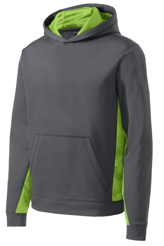 Sample of Sport-Tek Youth Sport-Wick CamoHex Fleece Colorblock Hooded Pullover in Dk Smk Gy Lime style