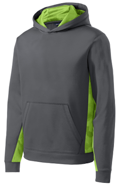 Sample of Sport-Tek Youth Sport-Wick CamoHex Fleece Colorblock Hooded Pullover in Dk Smk Gy Lime from side front