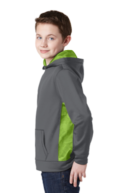 Sample of Sport-Tek Youth Sport-Wick CamoHex Fleece Colorblock Hooded Pullover in Dk Smk Gy Lime from side sleeveleft