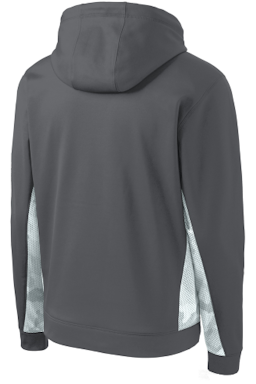 Sample of Sport-Tek Youth Sport-Wick CamoHex Fleece Colorblock Hooded Pullover in Dk Smk Gy Wht from side back