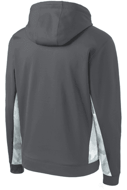 Sample of Sport-Tek Youth Sport-Wick CamoHex Fleece Colorblock Hooded Pullover in Dk Smk Gy Wht from side back