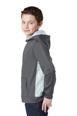 Sample of Sport-Tek Youth Sport-Wick CamoHex Fleece Colorblock Hooded Pullover in Dk Smk Gy Wht from side sleeveleft