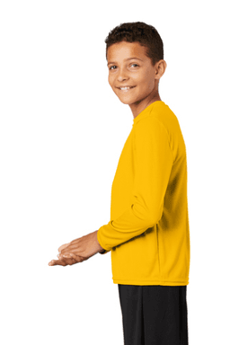 Sample of Sport Tek YST350LS - Youth Long Sleeve Competitor Tee in Gold from side sleeveleft