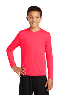 Sample of Sport Tek YST350LS - Youth Long Sleeve Competitor Tee in Hot Coral from side front
