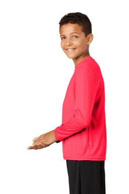 Sample of Sport Tek YST350LS - Youth Long Sleeve Competitor Tee in Hot Coral from side sleeveleft