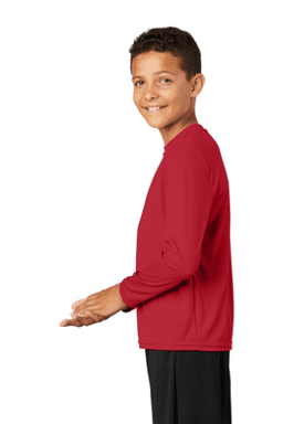 Sample of Sport Tek YST350LS - Youth Long Sleeve Competitor Tee in True Red from side sleeveleft