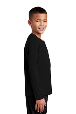 Sample of Sport-Tek Youth Posi-UV Pro Long Sleeve Tee in Black from side sleeveleft