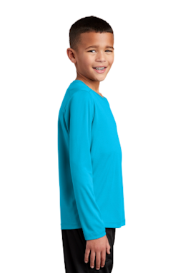 Sample of Sport-Tek Youth Posi-UV Pro Long Sleeve Tee in Sapphire from side sleeveleft