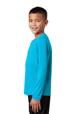 Sample of Sport-Tek Youth Posi-UV Pro Long Sleeve Tee in Sapphire from side sleeveright