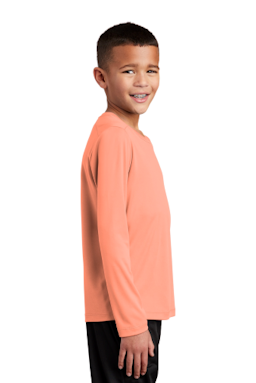 Sample of Sport-Tek Youth Posi-UV Pro Long Sleeve Tee in Soft Coral from side sleeveleft