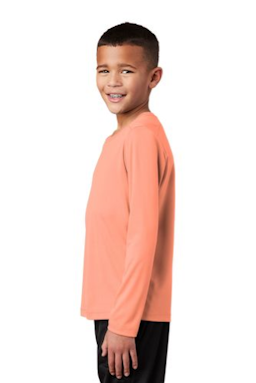 Sample of Sport-Tek Youth Posi-UV Pro Long Sleeve Tee in Soft Coral from side sleeveright