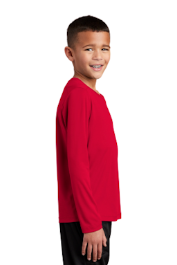 Sample of Sport-Tek Youth Posi-UV Pro Long Sleeve Tee in True Red from side sleeveleft