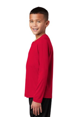 Sample of Sport-Tek Youth Posi-UV Pro Long Sleeve Tee in True Red from side sleeveright