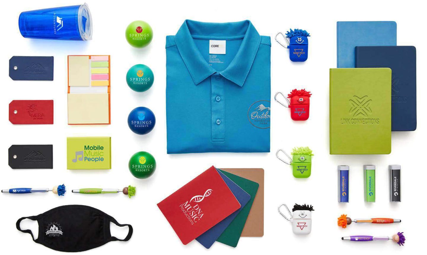 A perfectly laid out collection of promotional products from pens to letterhead