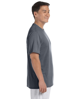 Sample of Gildan G420 - Adult Performance 100% Polyester Tee in CHARCOAL from side sleeveleft
