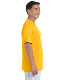 Sample of Gildan G420 - Adult Performance 100% Polyester Tee in GOLD from side sleeveleft