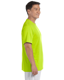 Sample of Gildan G420 - Adult Performance 100% Polyester Tee in SAFETY GREEN from side sleeveleft